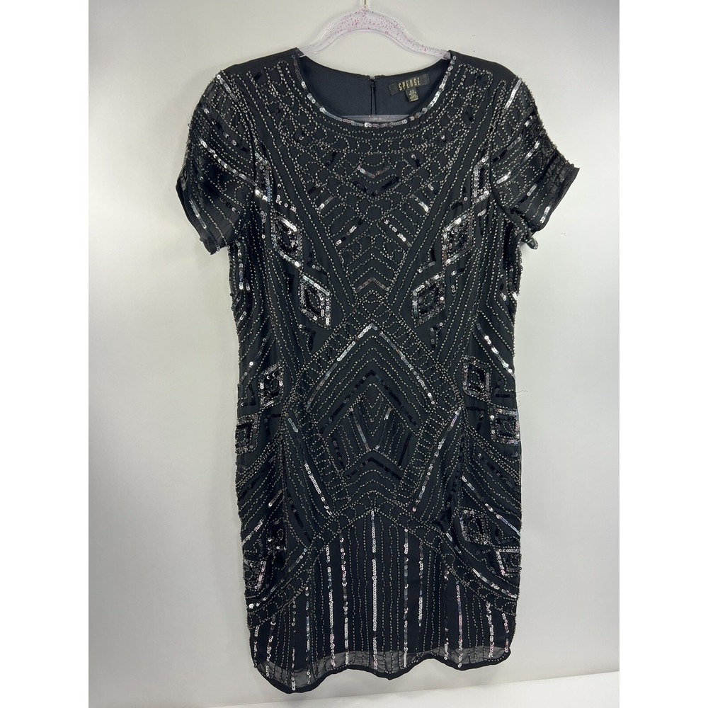 Spense Evening Dress Women's Sz 6/8‎ Black Sequins Bead Knee Length Lined